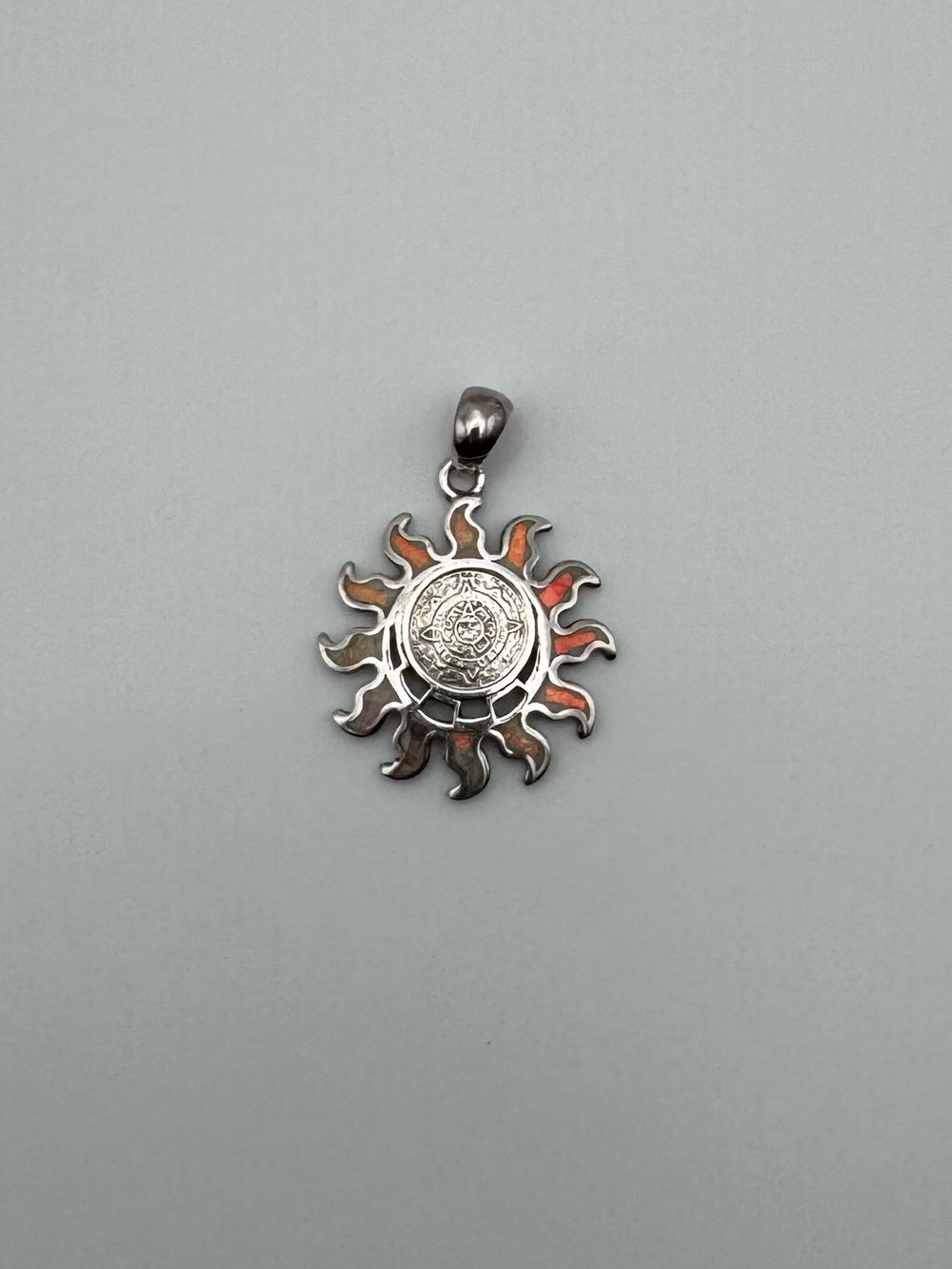 950 Silver Aztec Mayan Calendar Sun Pendant with Opal Inlay